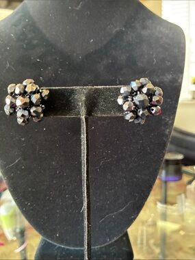 Black Beaded Cluster Stud Earrings - Unbranded